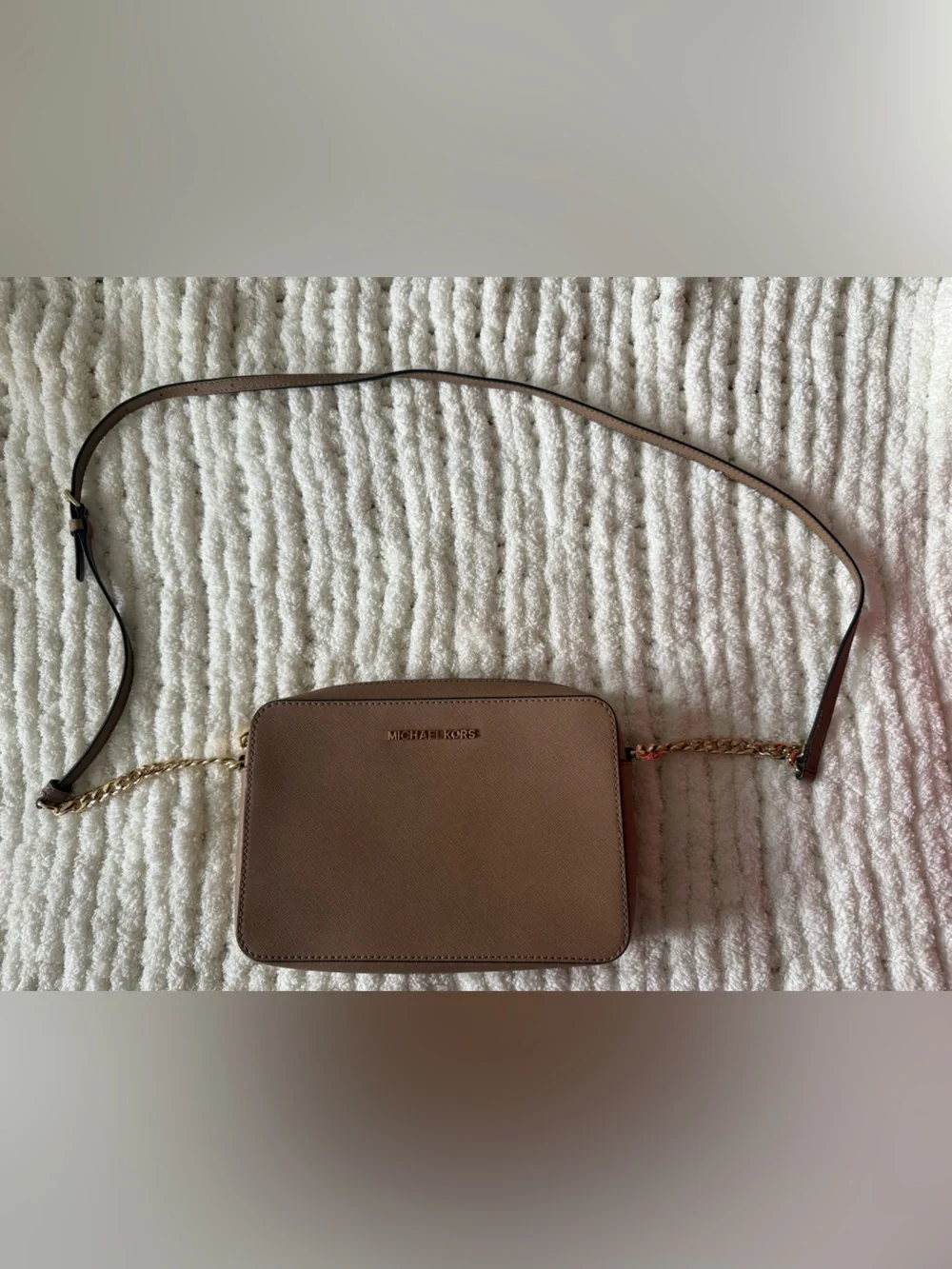 Michael Kors Taupe Saffiano Leather Crossbody with Gold Chain